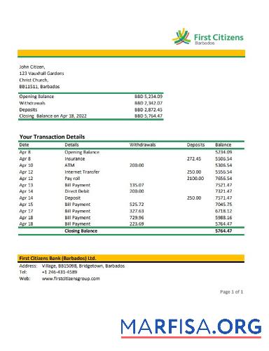 Printable Barbados first citizens bank statement excel sample